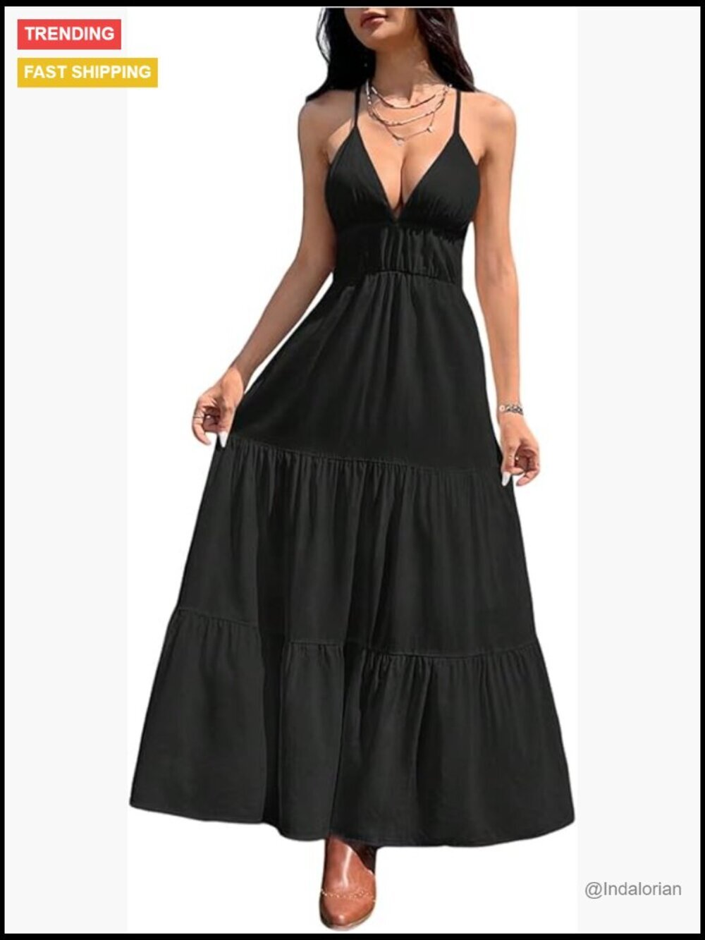 Backless V Neck Criss Cross Ruffle A Line Tiered Maxi Dress